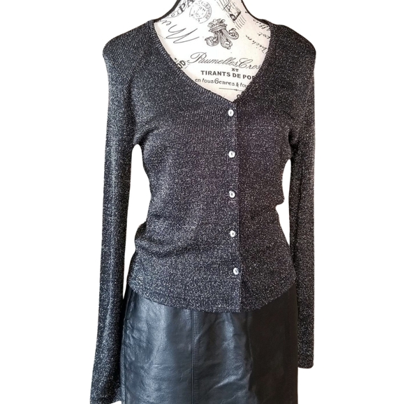 90s Black Lurex Cardigan — Minimal Goth Metallic Knit - Picture 3 of 7